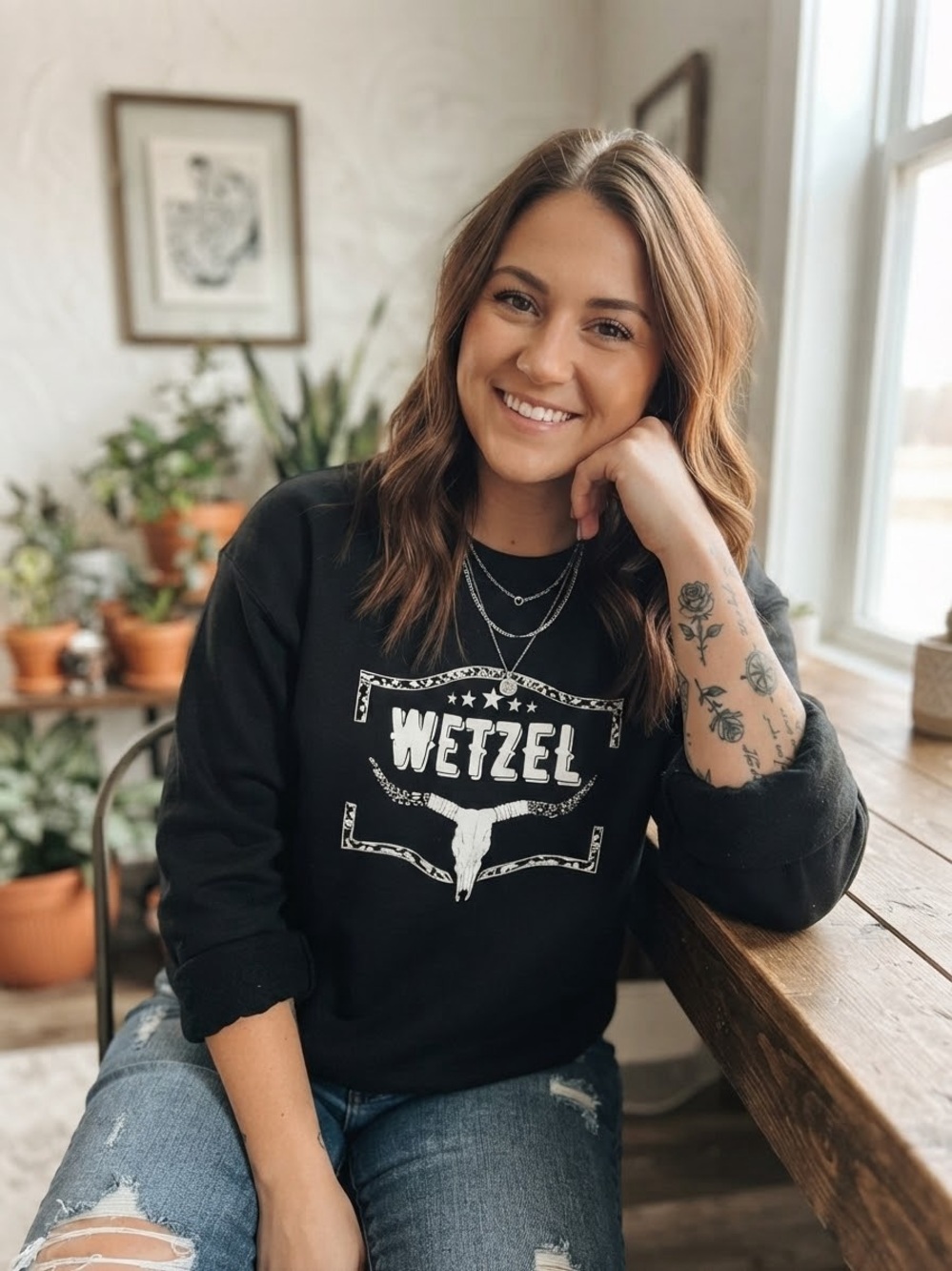 WETZEL Western Bull Skull Black Fleece-Lined Sweatshirt – Size 2XL